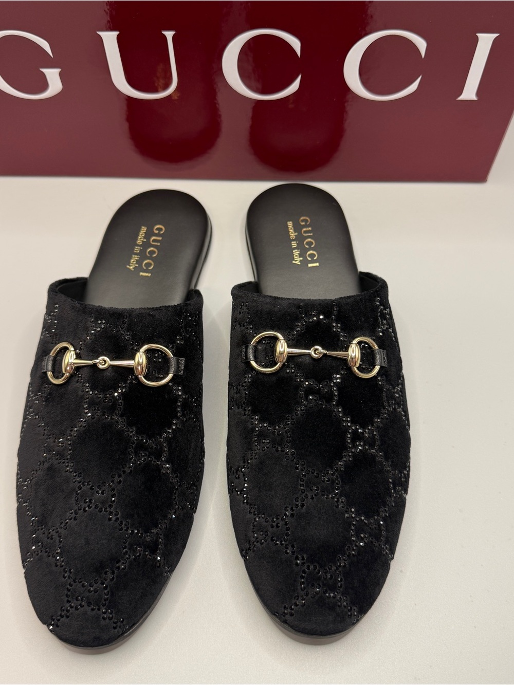 NEW $1200 Gucci Black Velvet Horsebit Mules with Gold Hardware size 38 fit 8 US